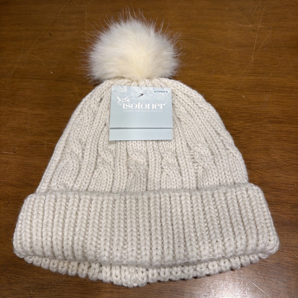 NWT~ Isotoner Ivory Faux Fur Pom Super Soft Beanie Hat Unisex
